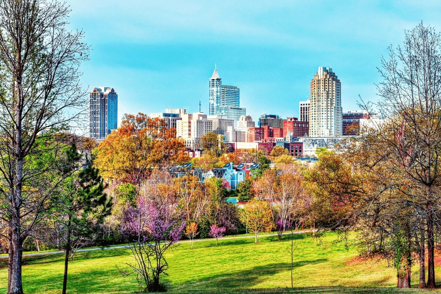 city view of Downtown Raleigh with its tall buildings in the background and trees and lush green grass in the foreground